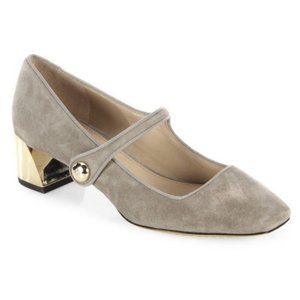 Tory Burch Taupe Gray Mary Jane Marisa Suede Leather Gold Heels Size 7